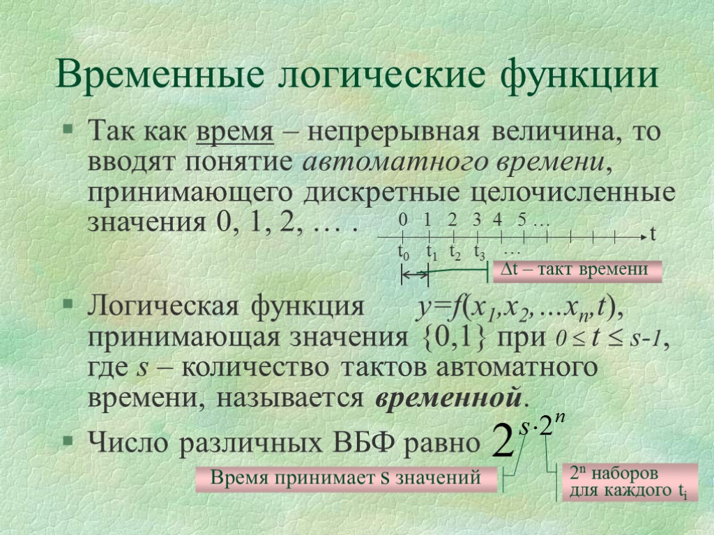 Временные логические функции Так как время – непрерывная величина, то вводят понятие автоматного времени,